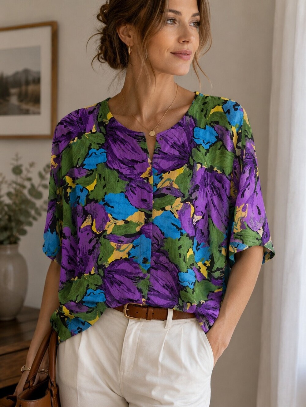 Vintage! 90s 100% Rayon Abstract Floral Button Front Blouse, Ptp 25"